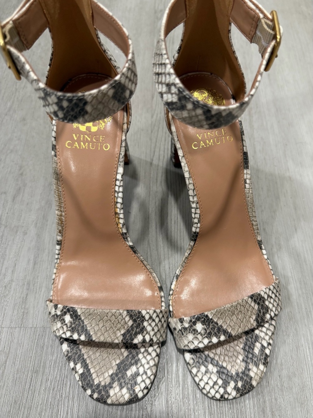 Vince Camuto Neutral Snake-Print Ankle Strap Heels